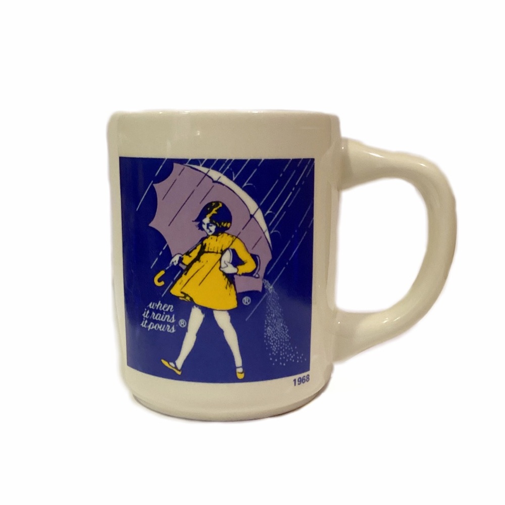 Vintage Morton Salt When It Rains IT POURS Coffee Mug Cup 1968 Made In Japan.